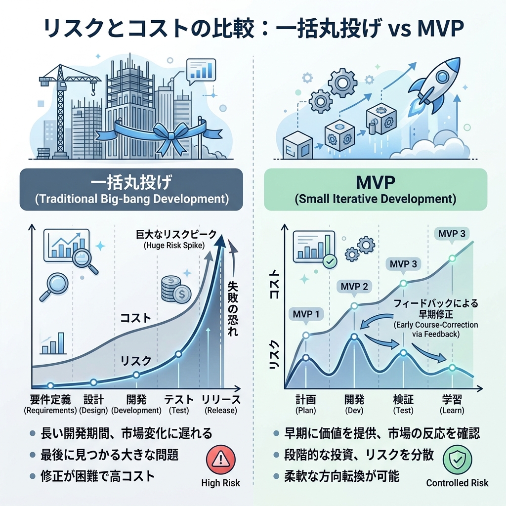 従来型開発とMVP開発のリスク比較